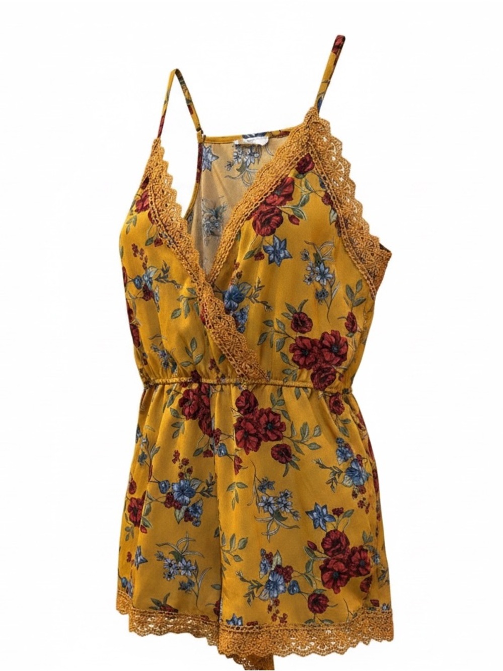 mine Mustard Yellow Floral Lace-Trim Dress